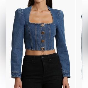 NWT Avec Les Filles Puff Shoulder Denim Cropped Top Sz S